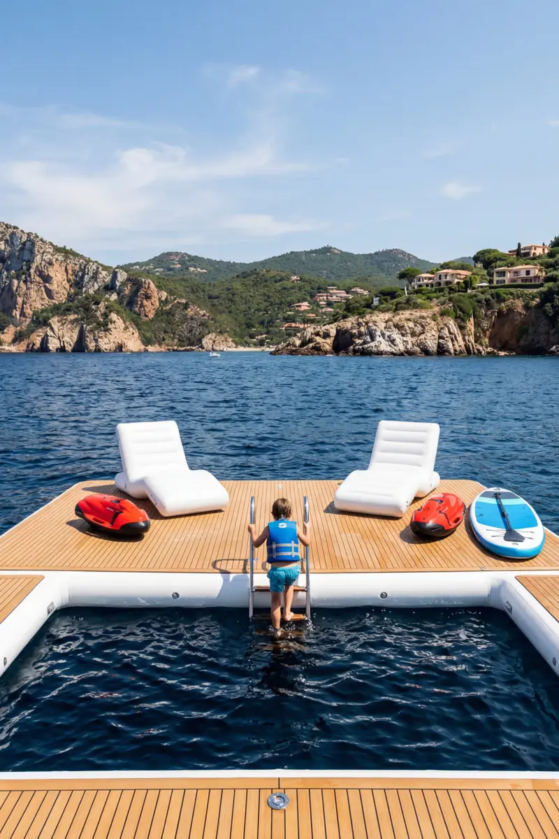 Children swimming in a custom inflatable anti-jellyfish boat pool on a superyacht — GSE Inflatables