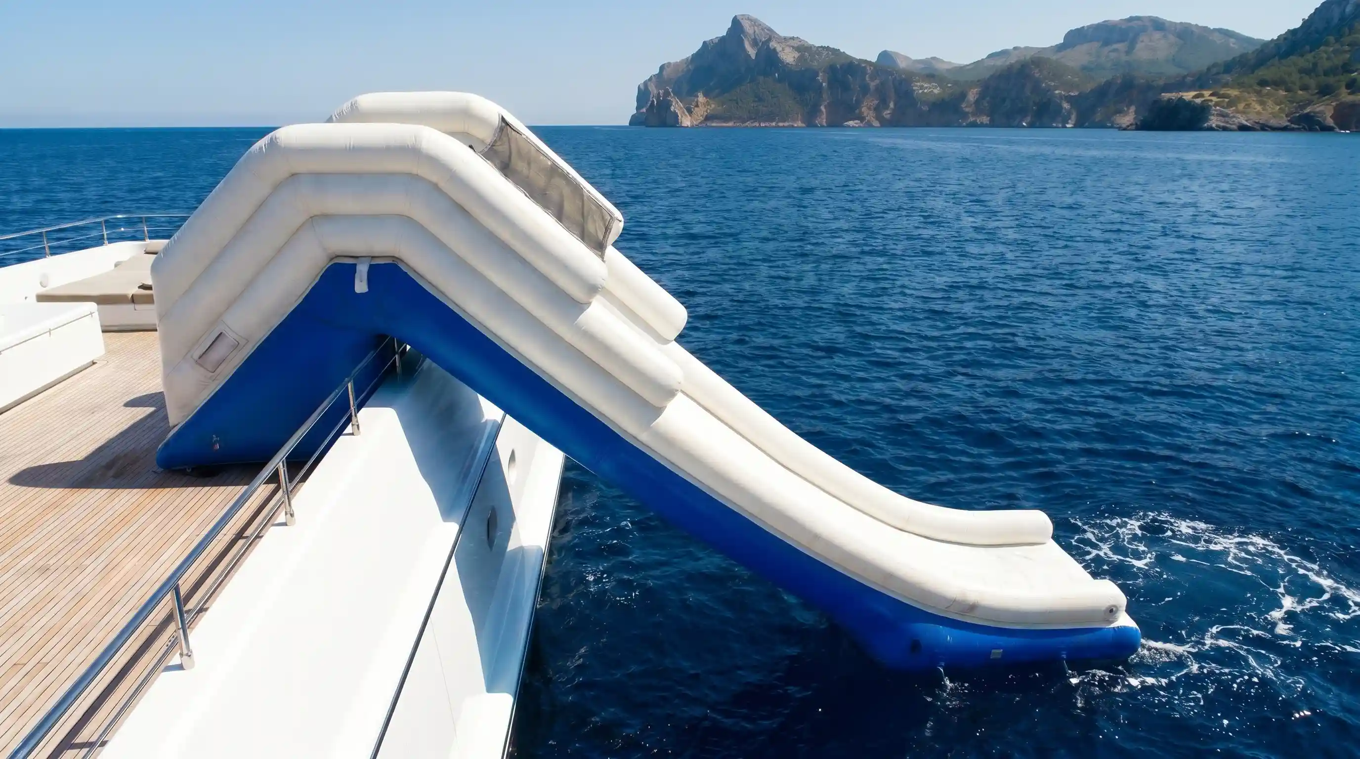 Custom blue inflatable yacht slide mounted on superyacht stern — GSE Inflatables