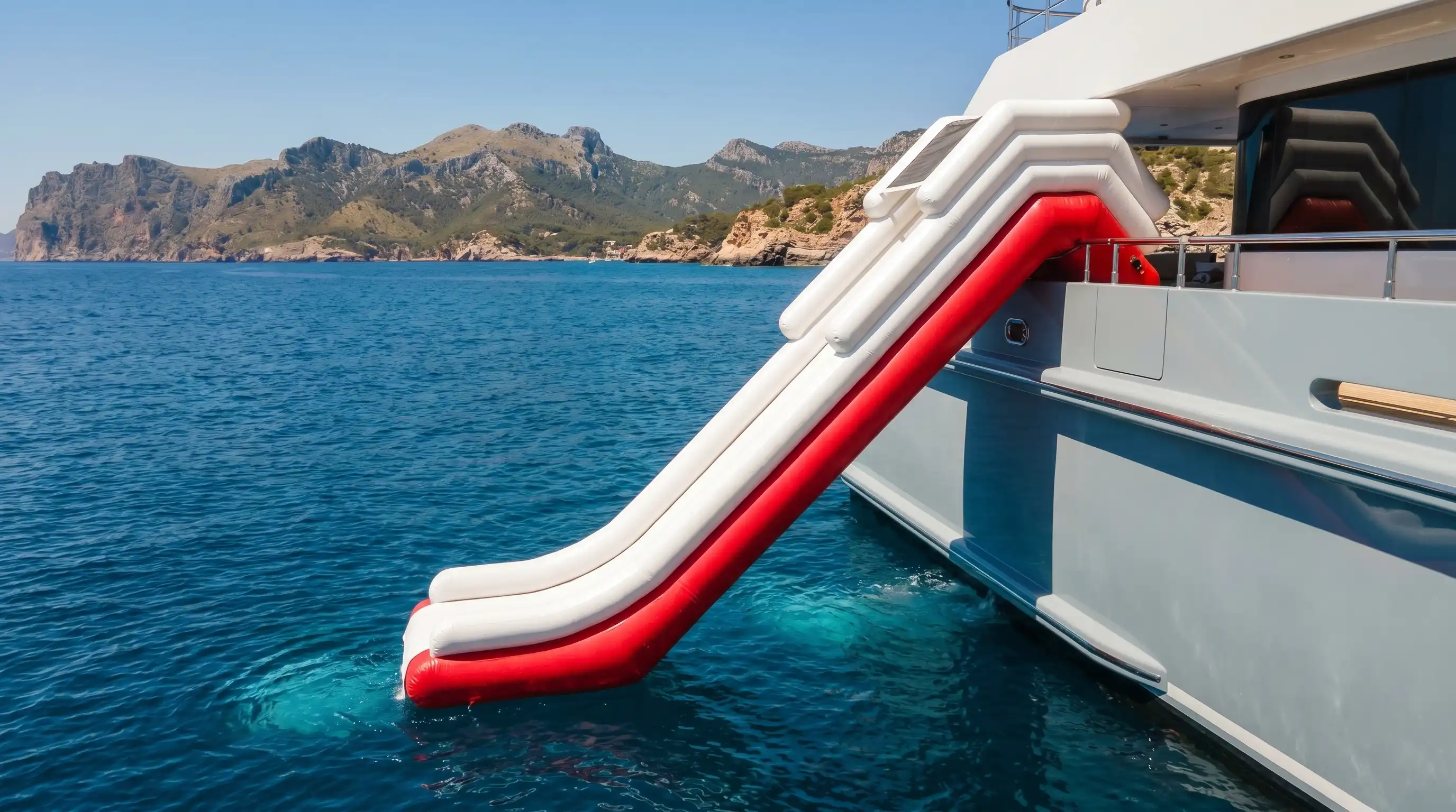 Custom superyacht water slide folded and stored â€” lightweight hi-tech PVC, worldwide delivery
