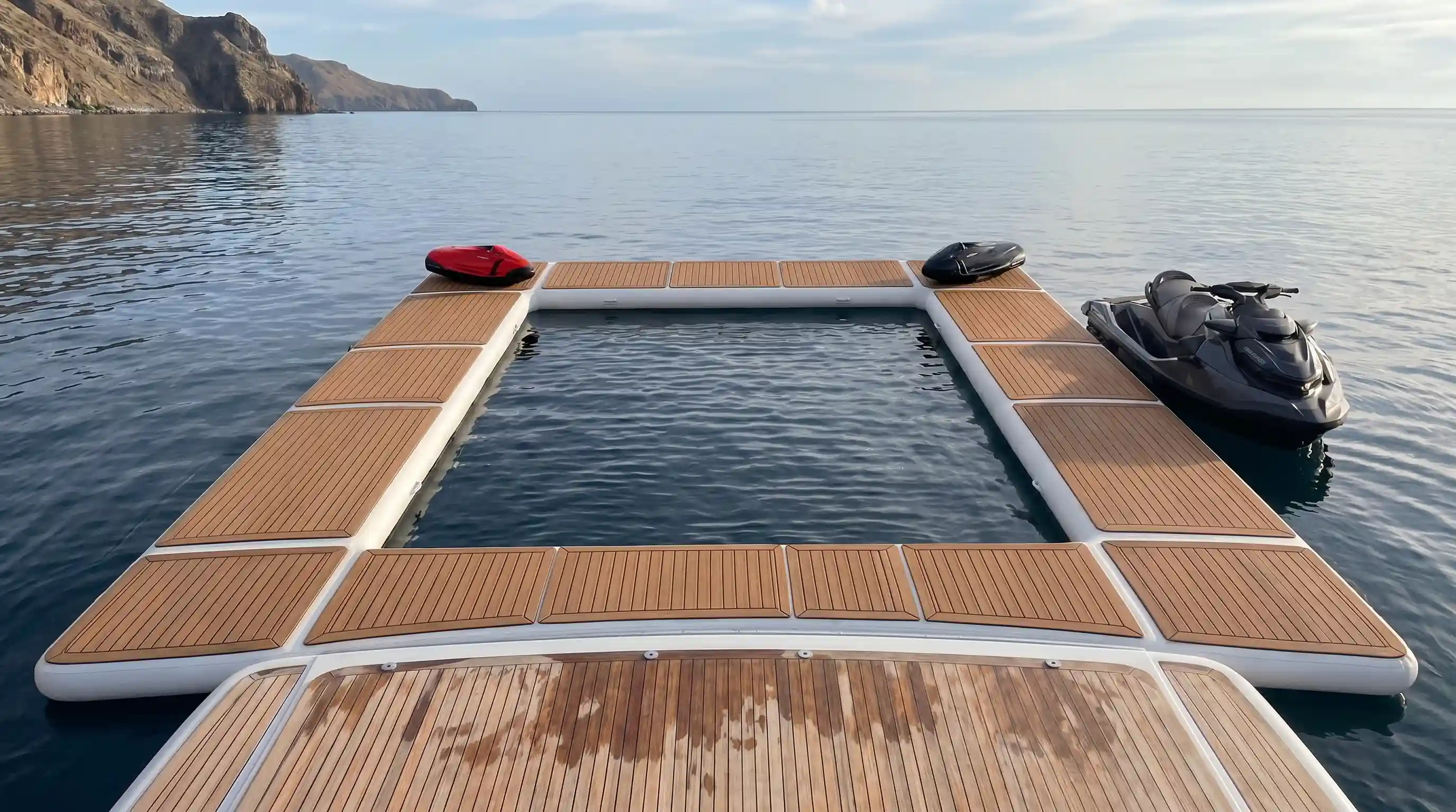 Superyacht inflatable anti-jellyfish pool with teak dock set — GSE Inflatables, Mallorca