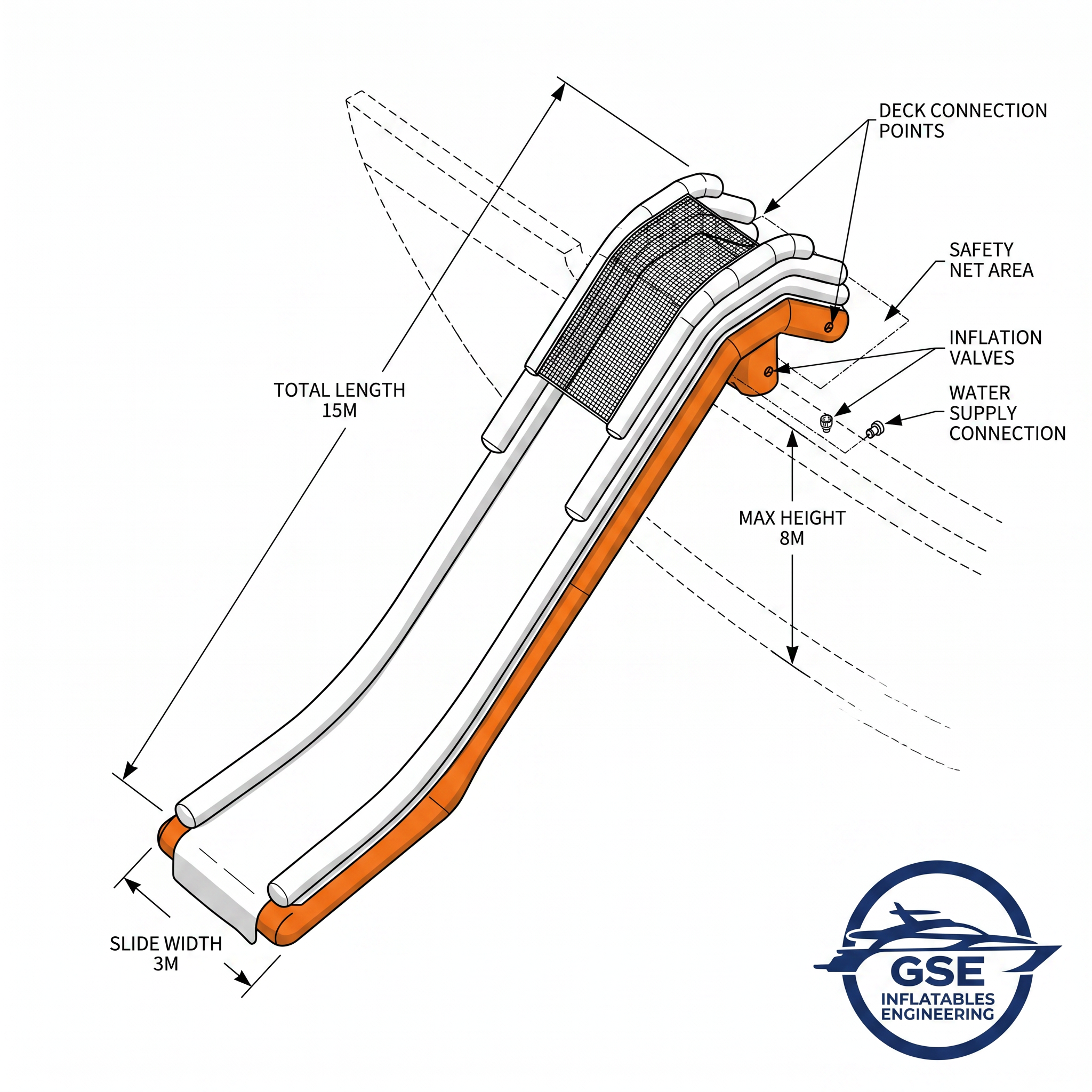 Engineering concept drawing of a custom superyacht inflatable water slide with dimensions: 15m length, 8m height, 3m width